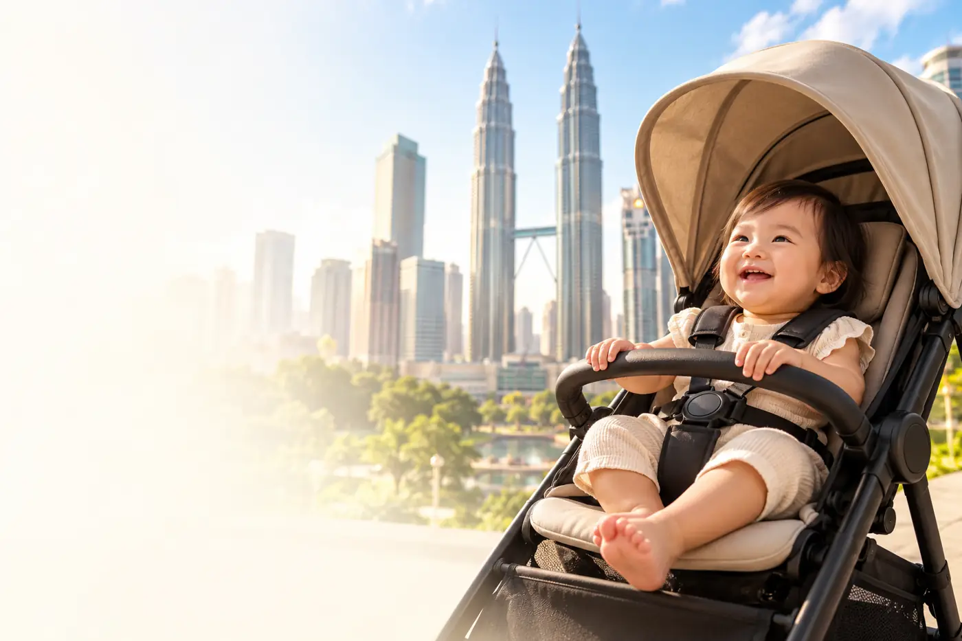 Illustration of a baby in a stroller with Kuala Lumpur skyline